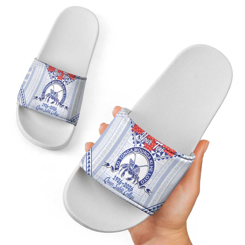 Queen Salote College 100 Years Personalized Slide Sandals Tonga QSC Heilala Lei White Ngatu Pattern