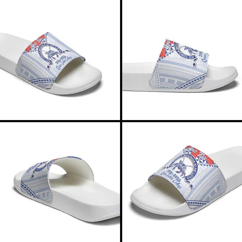 Queen Salote College 100 Years Personalized Slide Sandals Tonga QSC Heilala Lei White Ngatu Pattern