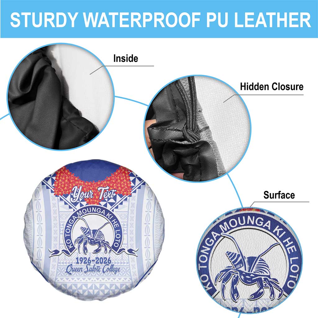 Queen Salote College 100 Years Personalized Spare Tire Cover Tonga QSC Heilala Lei White Ngatu Pattern