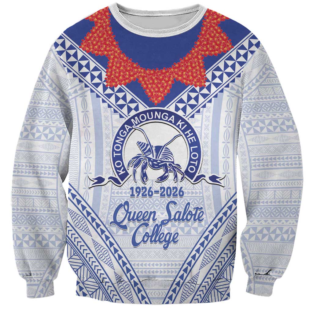 Queen Salote College 100 Years Personalized Sweatshirt Tonga QSC Heilala Lei White Ngatu Pattern