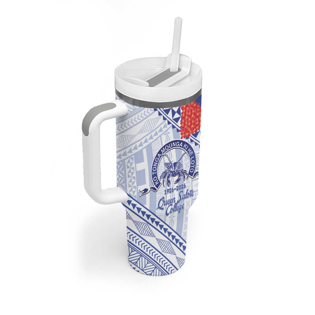Queen Salote College 100 Years Personalized Tumbler With Handle Tonga QSC Heilala Lei White Ngatu Pattern