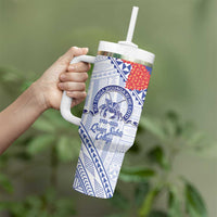 Queen Salote College 100 Years Personalized Tumbler With Handle Tonga QSC Heilala Lei White Ngatu Pattern