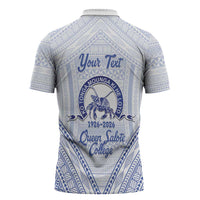 Queen Salote College 100 Years Personalized Zipper Polo Shirt Tonga QSC Heilala Lei White Ngatu Pattern