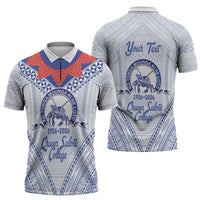 Queen Salote College 100 Years Personalized Zipper Polo Shirt Tonga QSC Heilala Lei White Ngatu Pattern