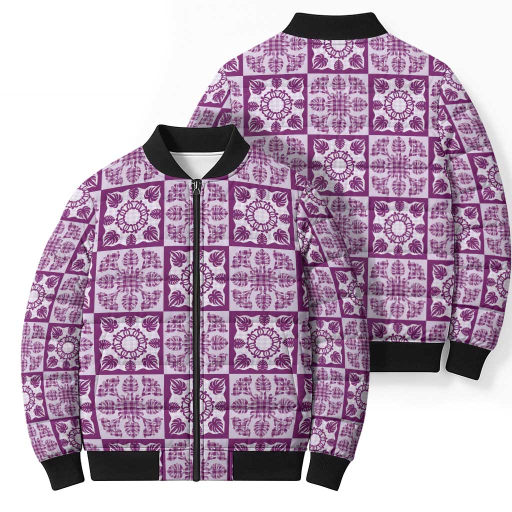 Poni Palaka Quilt Hawaii Bomber Puffer Jacket Hawaiian Tropical Monstera Sea Turtle
