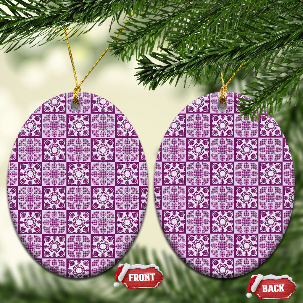Poni Palaka Quilt Hawaii Ceramic Ornament Hawaiian Tropical Monstera Sea Turtle LT14 Oval Purple - Polynesian Pride
