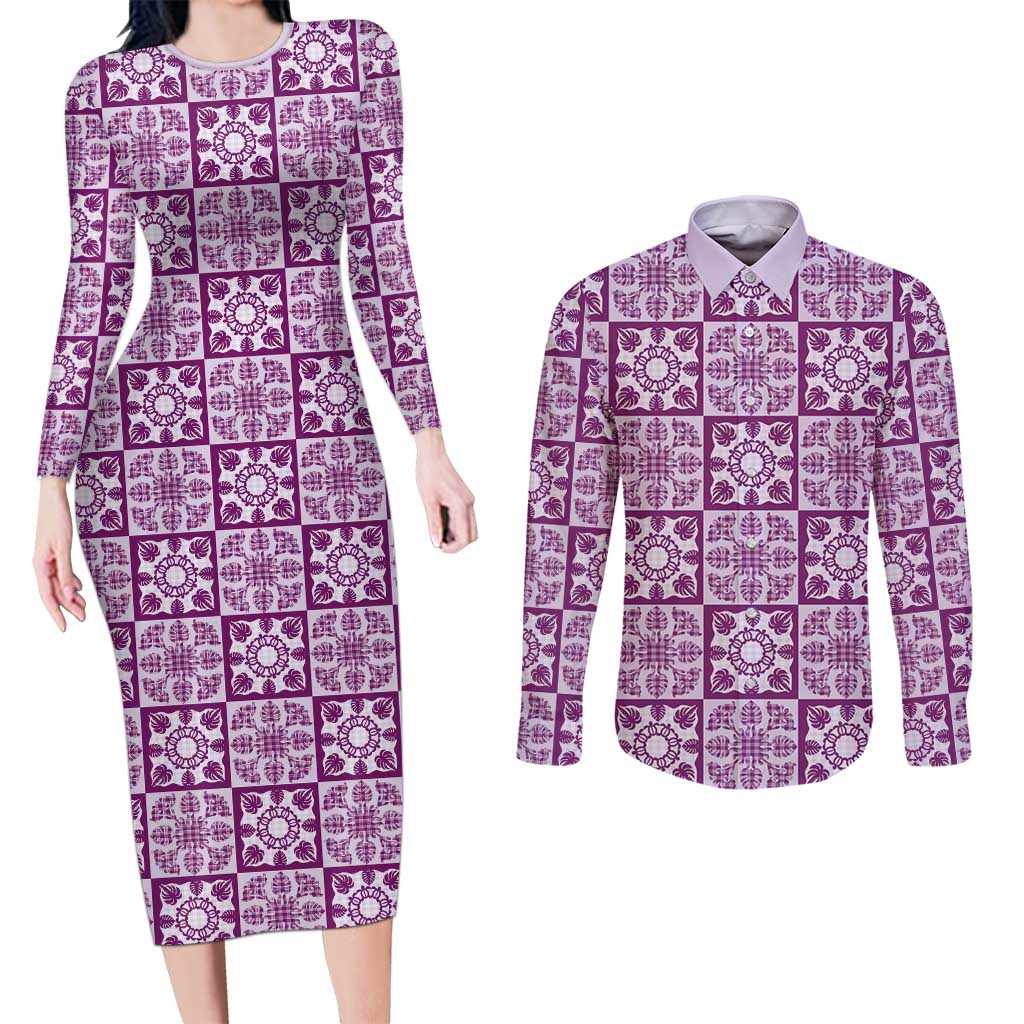 Poni Palaka Quilt Hawaii Couples Matching Long Sleeve Bodycon Dress and Long Sleeve Button Shirt Hawaiian Tropical Monstera Sea Turtle
