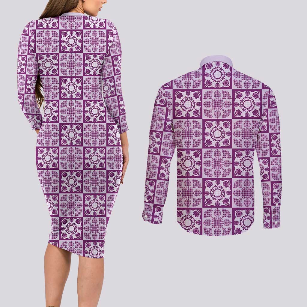 Poni Palaka Quilt Hawaii Couples Matching Long Sleeve Bodycon Dress and Long Sleeve Button Shirt Hawaiian Tropical Monstera Sea Turtle