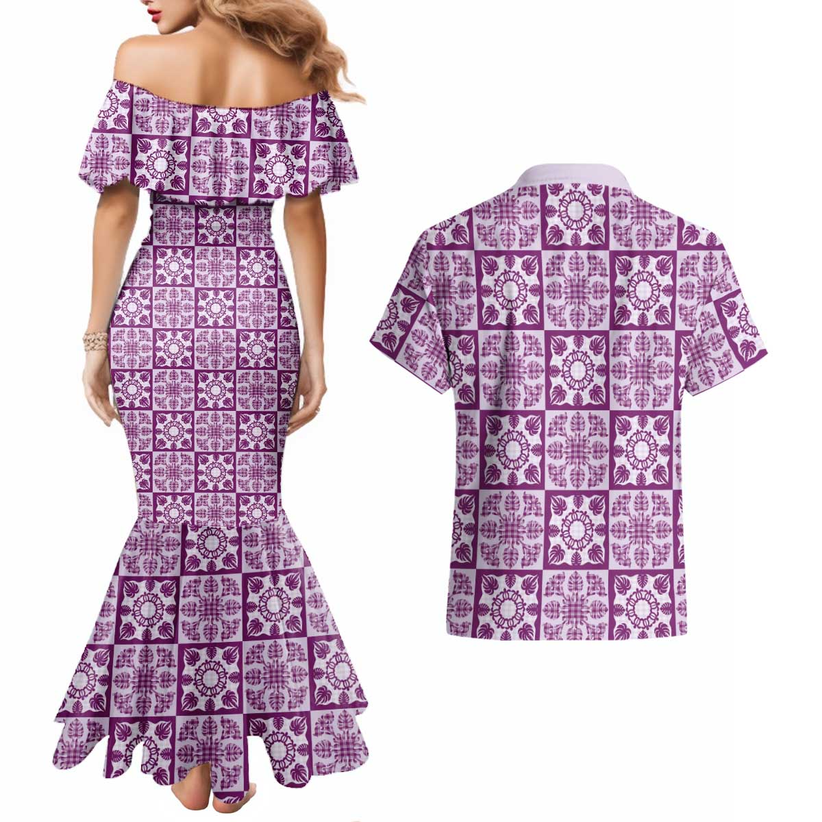 Poni Palaka Quilt Hawaii Couples Matching Mermaid Dress and Hawaiian Shirt Hawaiian Tropical Monstera Sea Turtle
