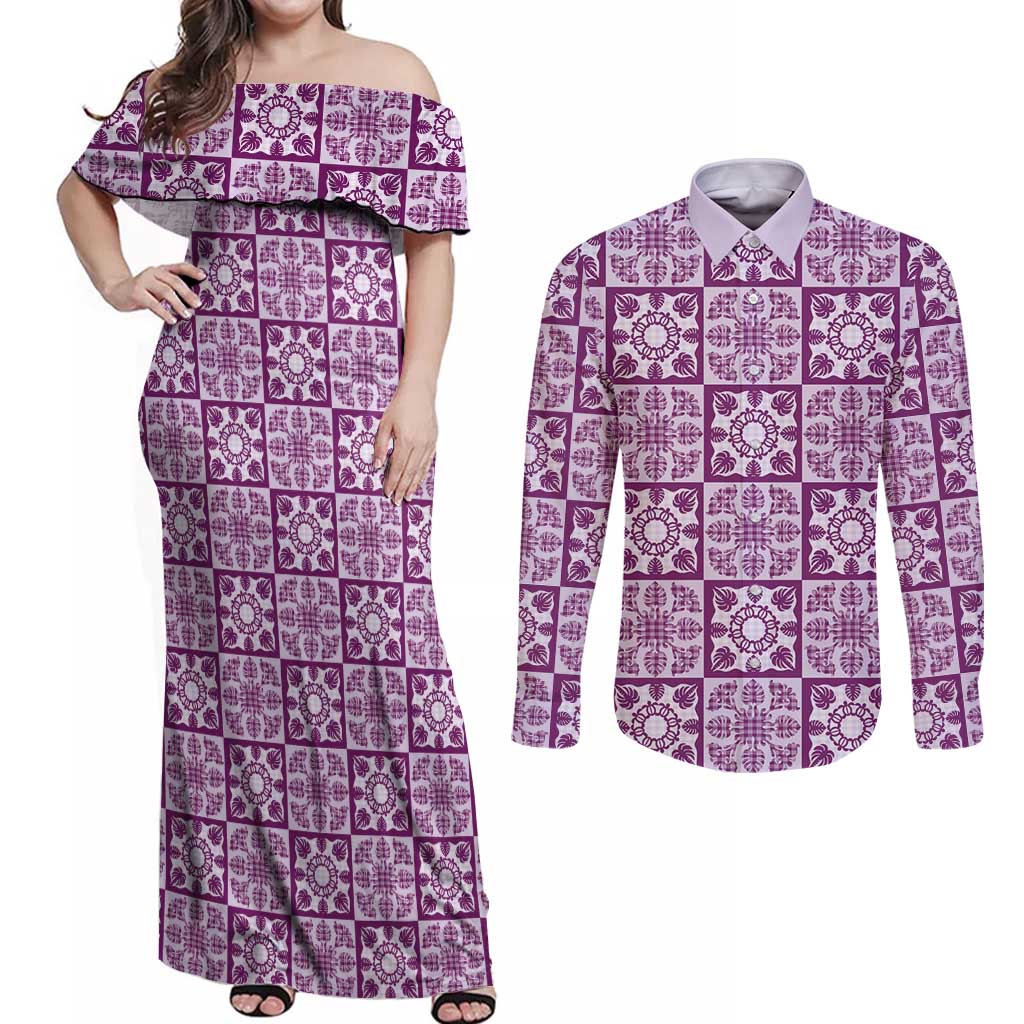 Poni Palaka Quilt Hawaii Couples Matching Off Shoulder Maxi Dress and Long Sleeve Button Shirt Hawaiian Tropical Monstera Sea Turtle LT14 Purple - Polynesian Pride