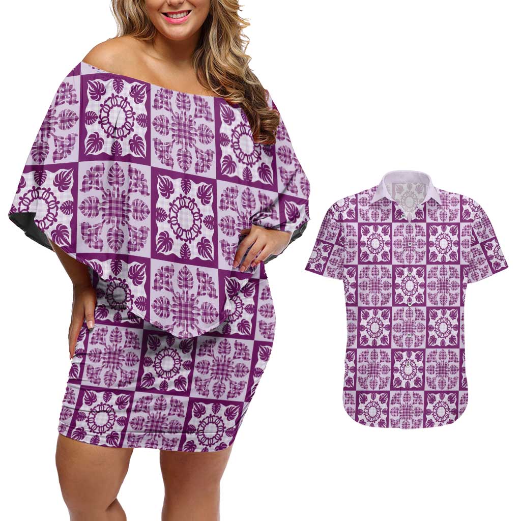 Poni Palaka Quilt Hawaii Couples Matching Off Shoulder Short Dress and Hawaiian Shirt Hawaiian Tropical Monstera Sea Turtle