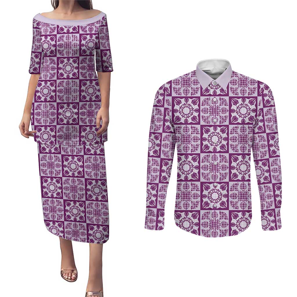 Poni Palaka Quilt Hawaii Couples Matching Puletasi and Long Sleeve Button Shirt Hawaiian Tropical Monstera Sea Turtle LT14 Purple - Polynesian Pride