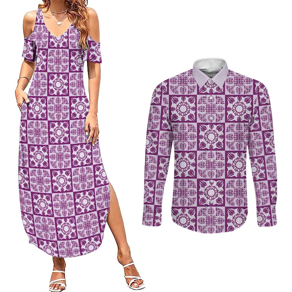 Poni Palaka Quilt Hawaii Couples Matching Summer Maxi Dress and Long Sleeve Button Shirt Hawaiian Tropical Monstera Sea Turtle LT14 Purple - Polynesian Pride