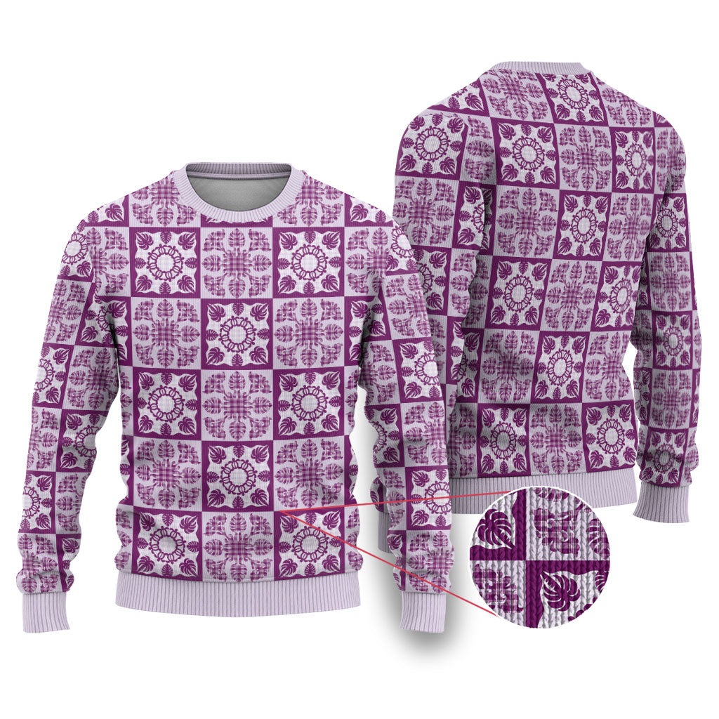 Poni Palaka Quilt Hawaii Ugly Christmas Sweater Hawaiian Tropical Monstera Sea Turtle LT14 Purple - Polynesian Pride