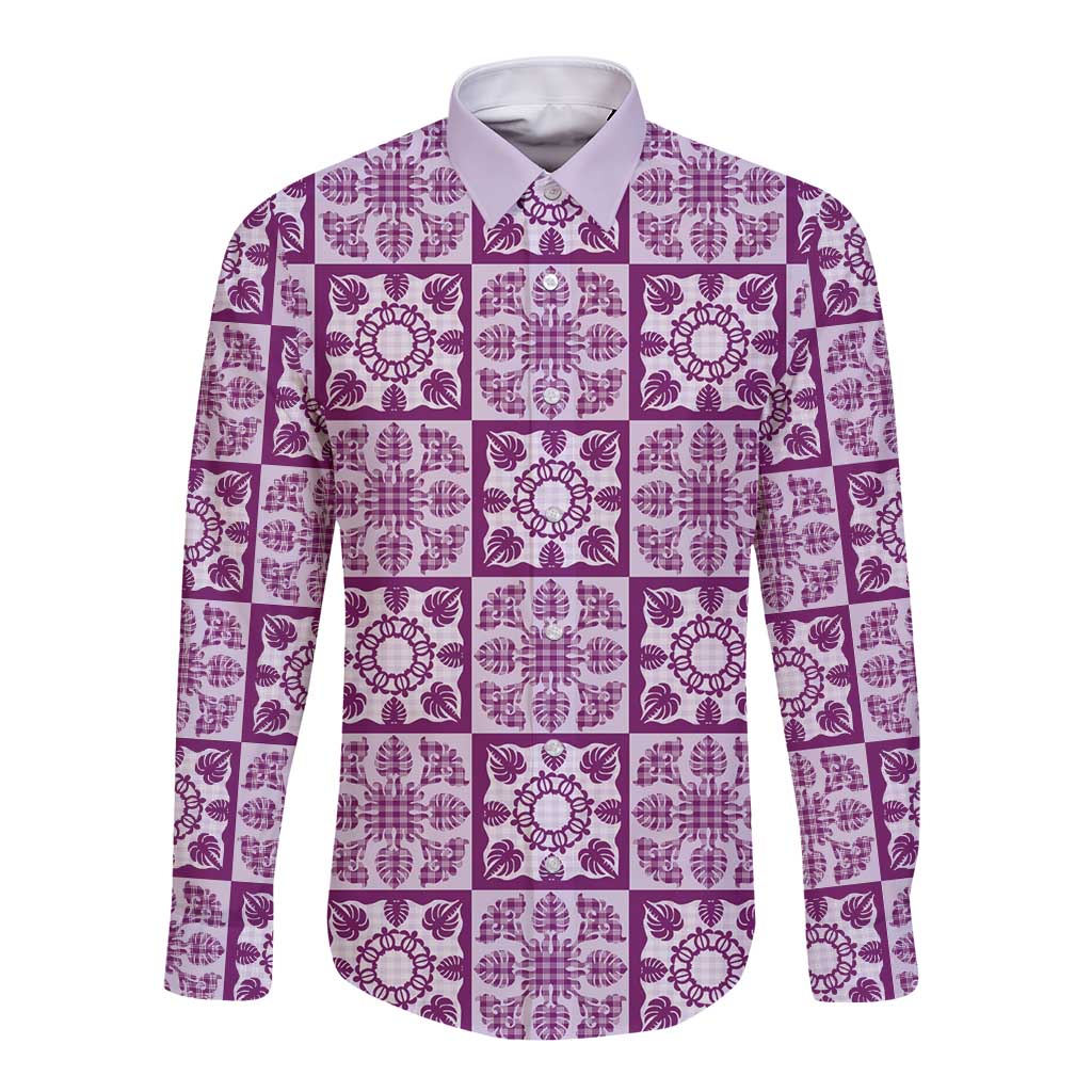 Poni Palaka Quilt Hawaii Long Sleeve Button Shirt Hawaiian Tropical Monstera Sea Turtle LT14 Unisex Purple - Polynesian Pride