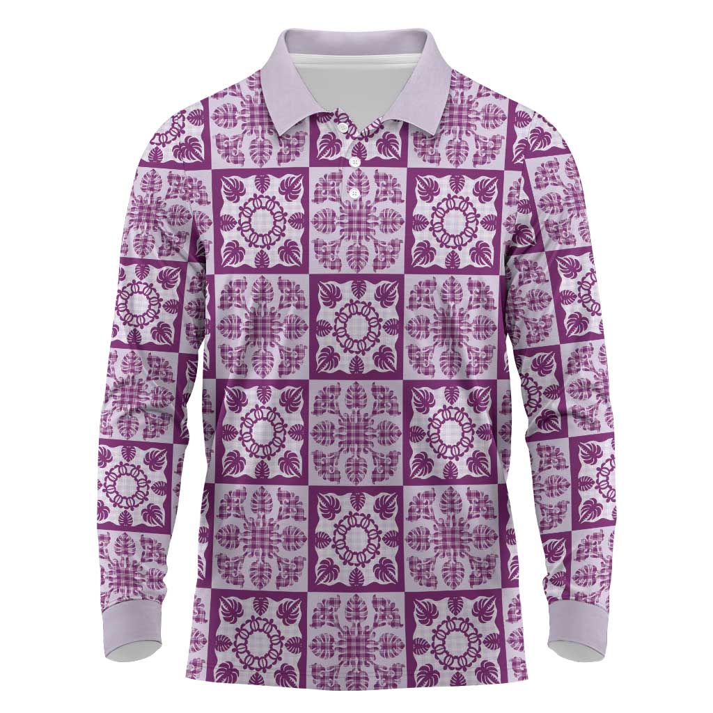 Poni Palaka Quilt Hawaii Long Sleeve Polo Shirt Hawaiian Tropical Monstera Sea Turtle LT14 Purple - Polynesian Pride