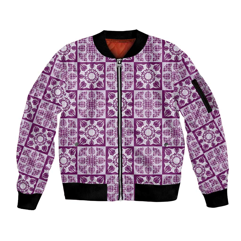 Poni Palaka Quilt Hawaii Sleeve Zip Bomber Jacket Hawaiian Tropical Monstera Sea Turtle LT14 Unisex Purple - Polynesian Pride
