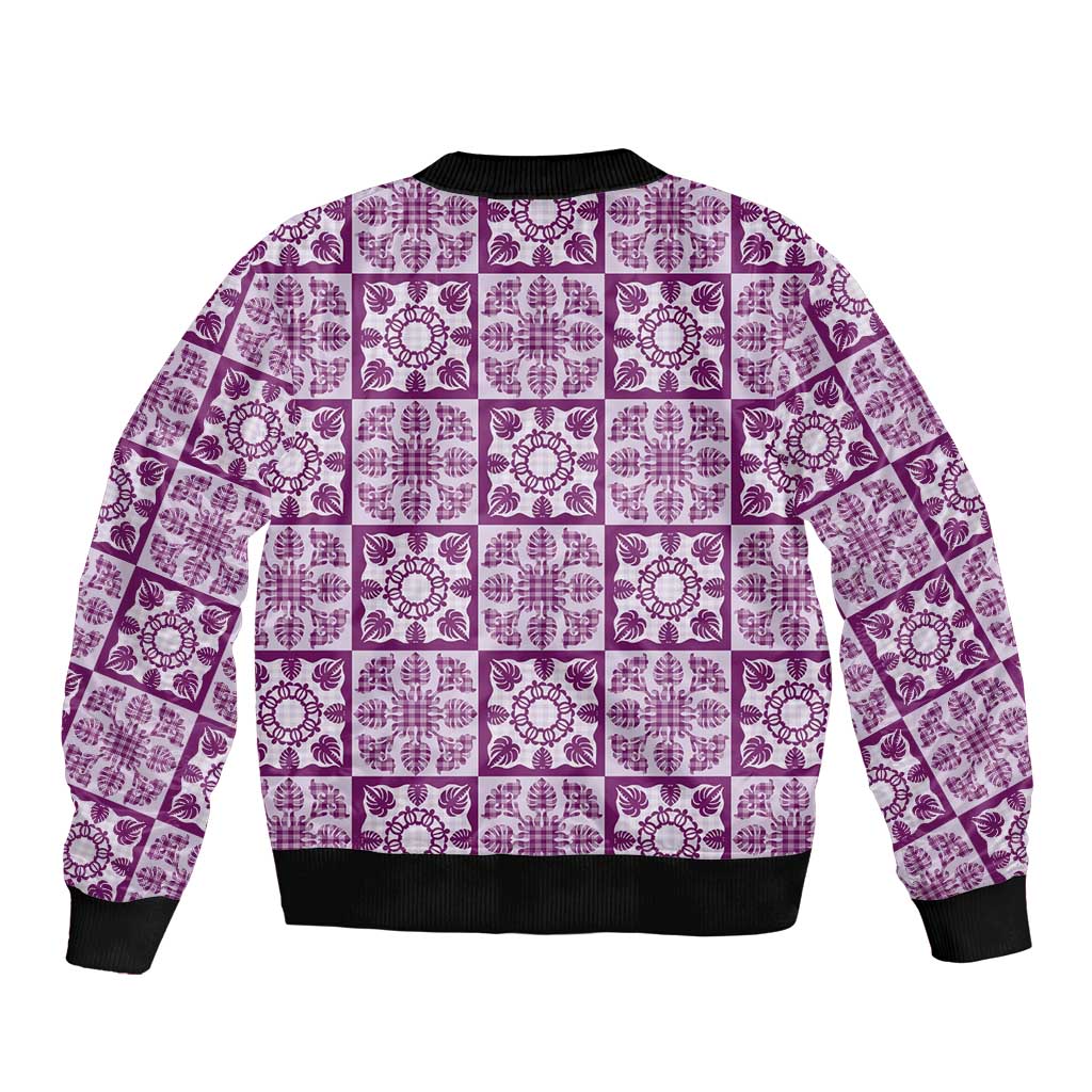 Poni Palaka Quilt Hawaii Sleeve Zip Bomber Jacket Hawaiian Tropical Monstera Sea Turtle