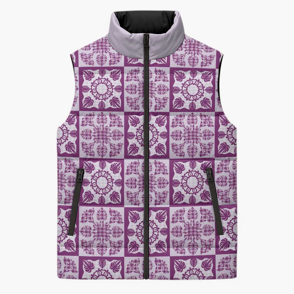 Poni Palaka Quilt Hawaii Sleeveless Puffer Jacket Hawaiian Tropical Monstera Sea Turtle LT14 Unisex Purple - Polynesian Pride