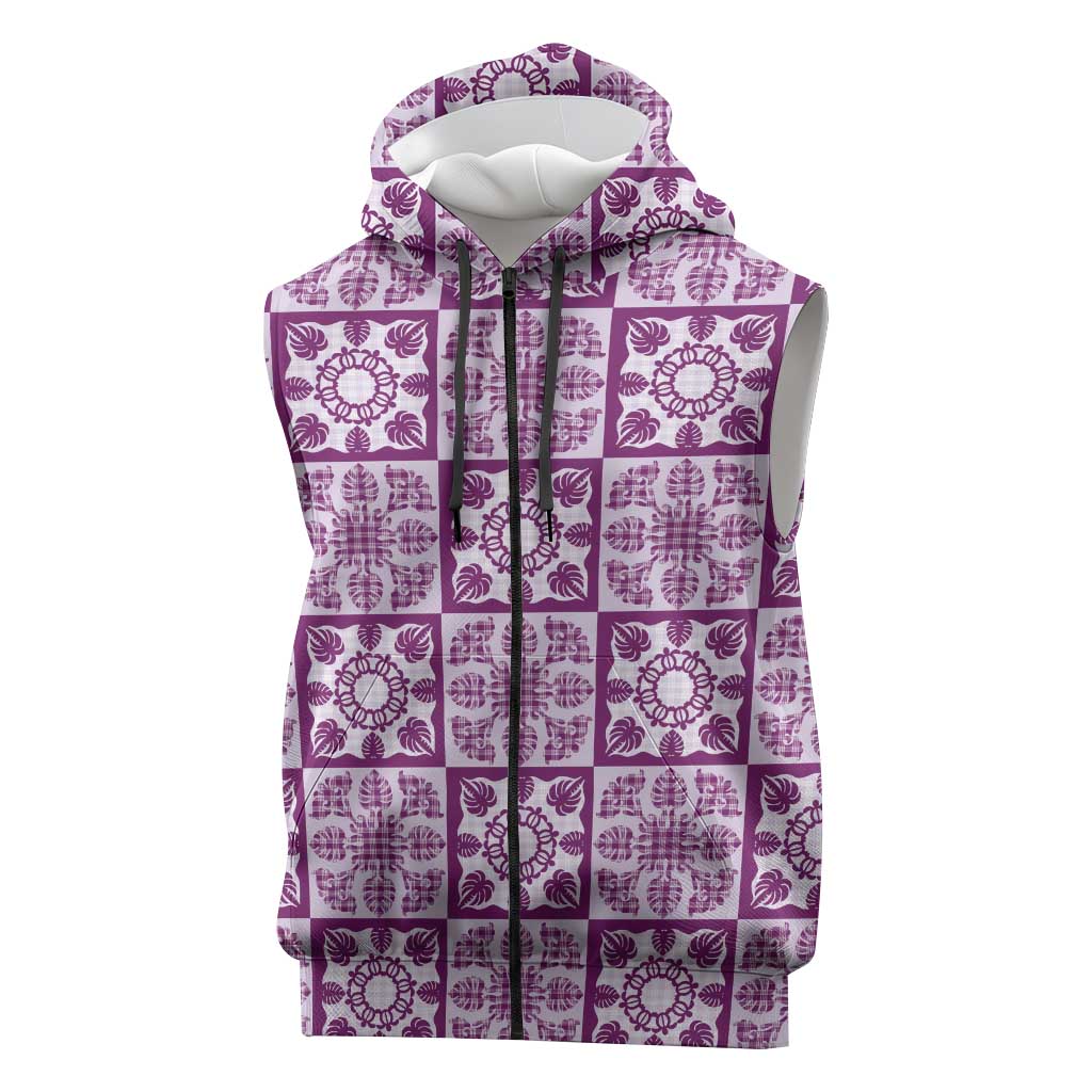 Poni Palaka Quilt Hawaii Sleeveless Zip Hoodie Hawaiian Tropical Monstera Sea Turtle LT14 Purple - Polynesian Pride