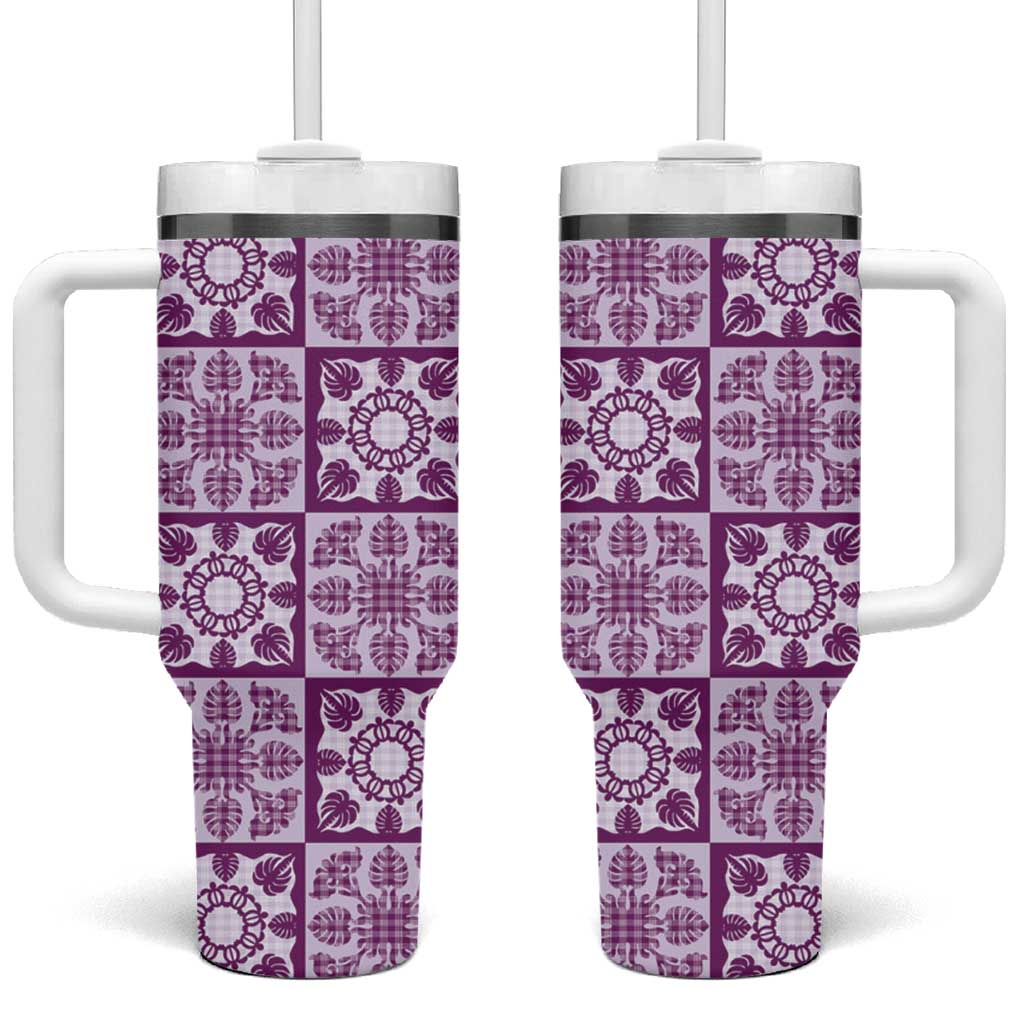 Poni Palaka Quilt Hawaii Tumbler With Handle Hawaiian Tropical Monstera Sea Turtle LT14 One Size: 40 oz Purple - Polynesian Pride