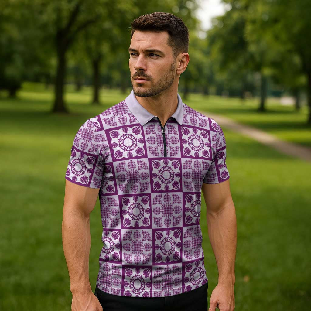 Poni Palaka Quilt Hawaii Zipper Polo Shirt Hawaiian Tropical Monstera Sea Turtle LT14 - Polynesian Pride