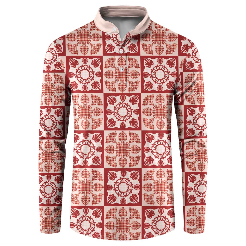 Ulaula Palaka Quilt Hawaii Button Sweatshirt Hawaiian Tropical Monstera Sea Turtle LT14 Red - Polynesian Pride