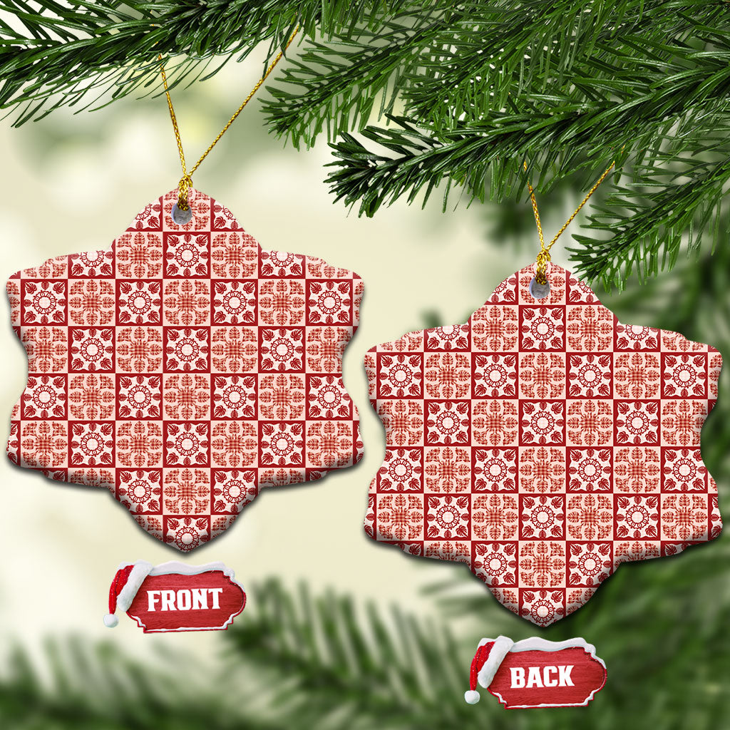 Ulaula Palaka Quilt Hawaii Ceramic Ornament Hawaiian Tropical Monstera Sea Turtle LT14 Snow Flake Red - Polynesian Pride