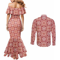 Ulaula Palaka Quilt Hawaii Couples Matching Mermaid Dress and Long Sleeve Button Shirt Hawaiian Tropical Monstera Sea Turtle LT14 - Polynesian Pride