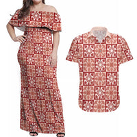 Ulaula Palaka Quilt Hawaii Couples Matching Off Shoulder Maxi Dress and Hawaiian Shirt Hawaiian Tropical Monstera Sea Turtle