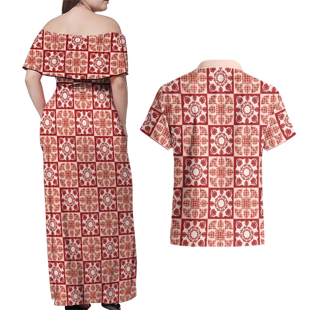 Ulaula Palaka Quilt Hawaii Couples Matching Off Shoulder Maxi Dress and Hawaiian Shirt Hawaiian Tropical Monstera Sea Turtle