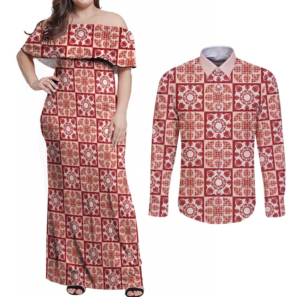Ulaula Palaka Quilt Hawaii Couples Matching Off Shoulder Maxi Dress and Long Sleeve Button Shirt Hawaiian Tropical Monstera Sea Turtle LT14 Red - Polynesian Pride
