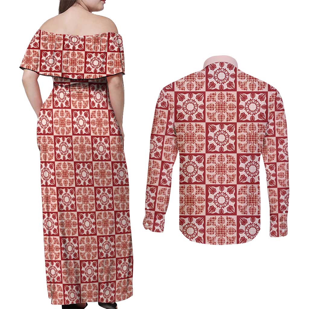 Ulaula Palaka Quilt Hawaii Couples Matching Off Shoulder Maxi Dress and Long Sleeve Button Shirt Hawaiian Tropical Monstera Sea Turtle LT14 - Polynesian Pride