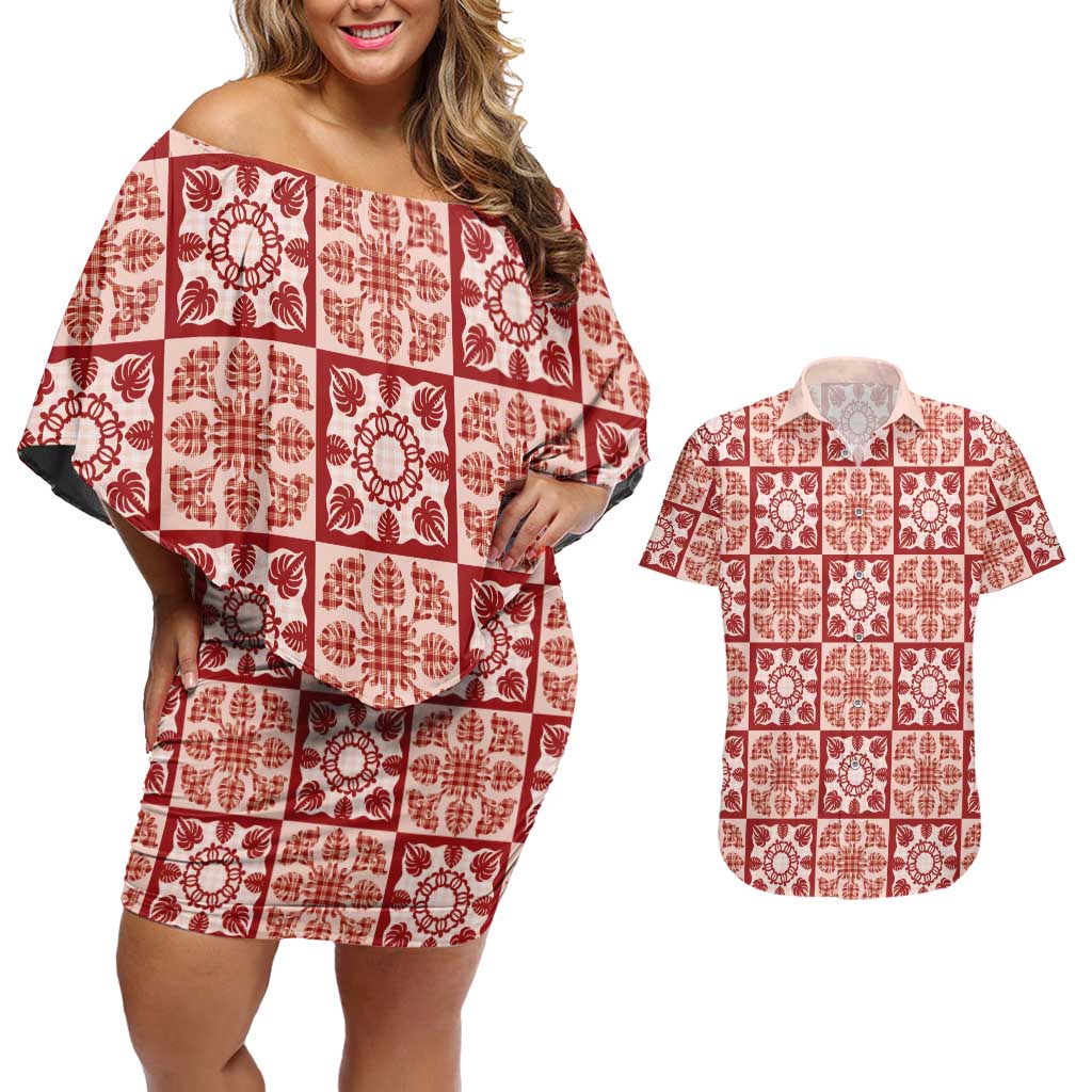 Ulaula Palaka Quilt Hawaii Couples Matching Off Shoulder Short Dress and Hawaiian Shirt Hawaiian Tropical Monstera Sea Turtle
