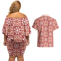 Ulaula Palaka Quilt Hawaii Couples Matching Off Shoulder Short Dress and Hawaiian Shirt Hawaiian Tropical Monstera Sea Turtle