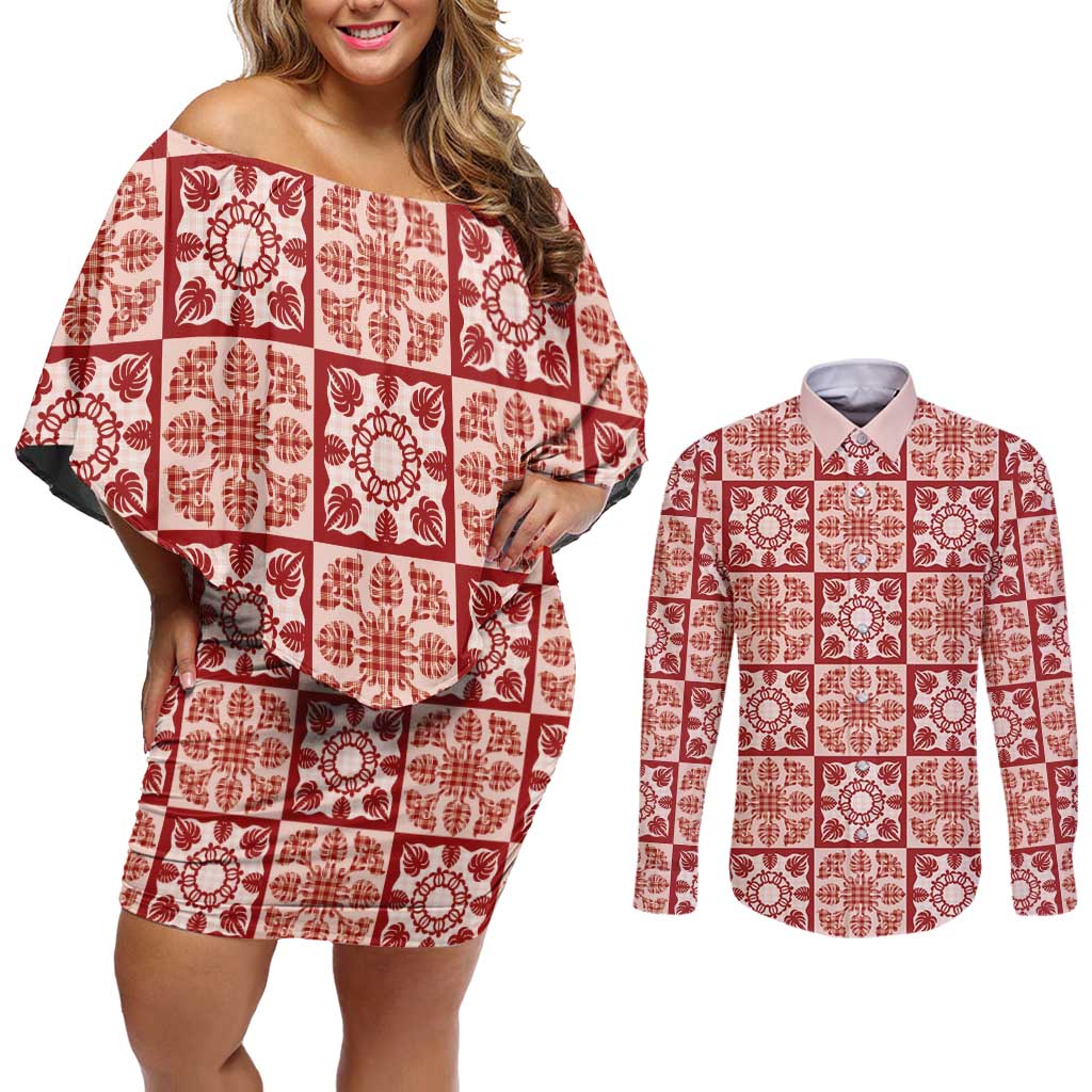 Ulaula Palaka Quilt Hawaii Couples Matching Off Shoulder Short Dress and Long Sleeve Button Shirt Hawaiian Tropical Monstera Sea Turtle LT14 Red - Polynesian Pride