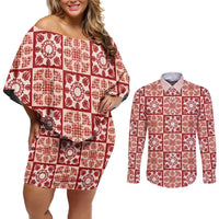 Ulaula Palaka Quilt Hawaii Couples Matching Off Shoulder Short Dress and Long Sleeve Button Shirt Hawaiian Tropical Monstera Sea Turtle LT14 Red - Polynesian Pride