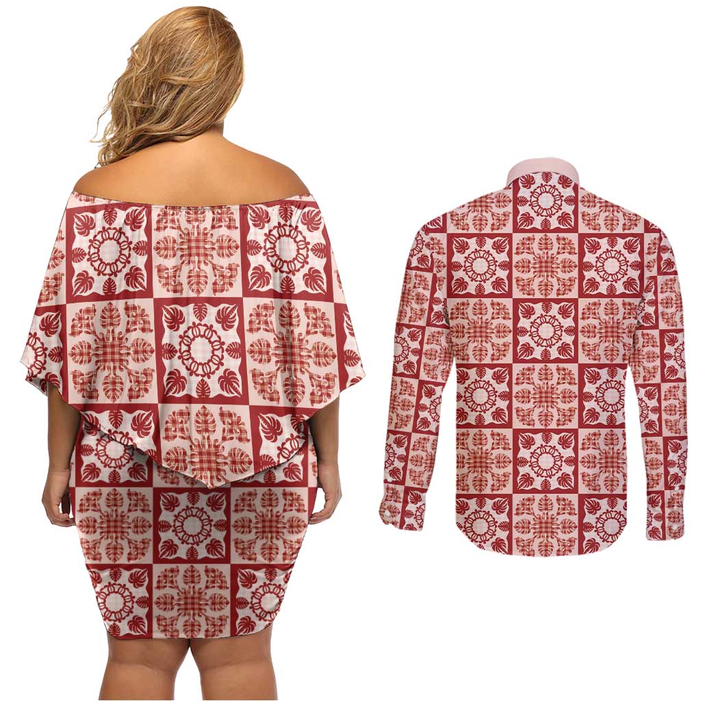 Ulaula Palaka Quilt Hawaii Couples Matching Off Shoulder Short Dress and Long Sleeve Button Shirt Hawaiian Tropical Monstera Sea Turtle LT14 - Polynesian Pride