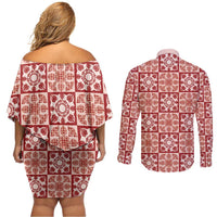 Ulaula Palaka Quilt Hawaii Couples Matching Off Shoulder Short Dress and Long Sleeve Button Shirt Hawaiian Tropical Monstera Sea Turtle LT14 - Polynesian Pride