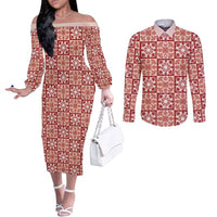 Ulaula Palaka Quilt Hawaii Couples Matching Off The Shoulder Long Sleeve Dress and Long Sleeve Button Shirt Hawaiian Tropical Monstera Sea Turtle
