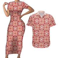 Ulaula Palaka Quilt Hawaii Couples Matching Short Sleeve Bodycon Dress and Hawaiian Shirt Hawaiian Tropical Monstera Sea Turtle