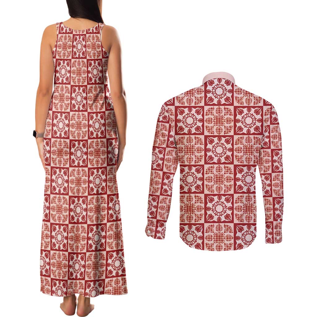 Ulaula Palaka Quilt Hawaii Couples Matching Tank Maxi Dress and Long Sleeve Button Shirt Hawaiian Tropical Monstera Sea Turtle LT14 - Polynesian Pride