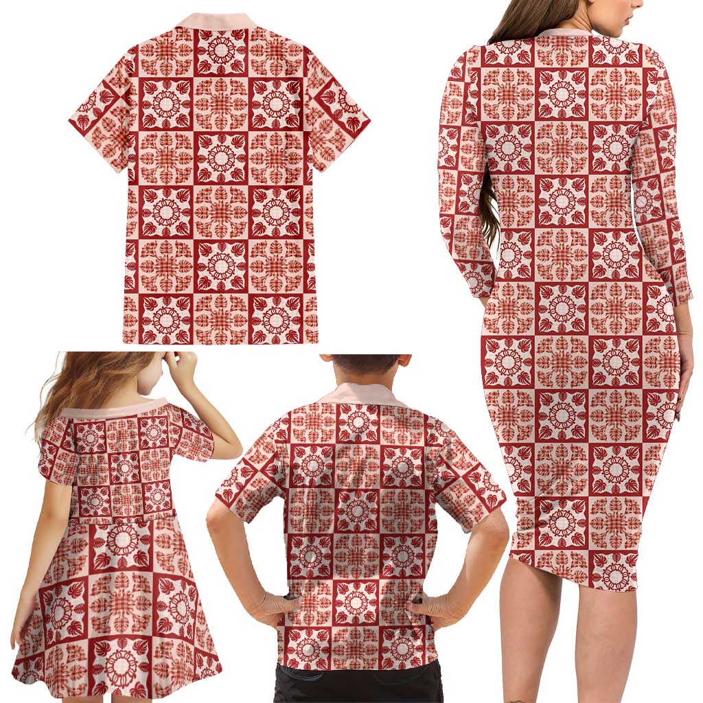 Ulaula Palaka Quilt Hawaii Family Matching Long Sleeve Bodycon Dress and Hawaiian Shirt Hawaiian Tropical Monstera Sea Turtle