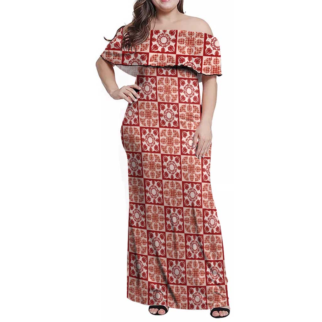 Ulaula Palaka Quilt Hawaii Family Matching Off Shoulder Maxi Dress and Hawaiian Shirt Hawaiian Tropical Monstera Sea Turtle LT14 Mom's Dress Red - Polynesian Pride
