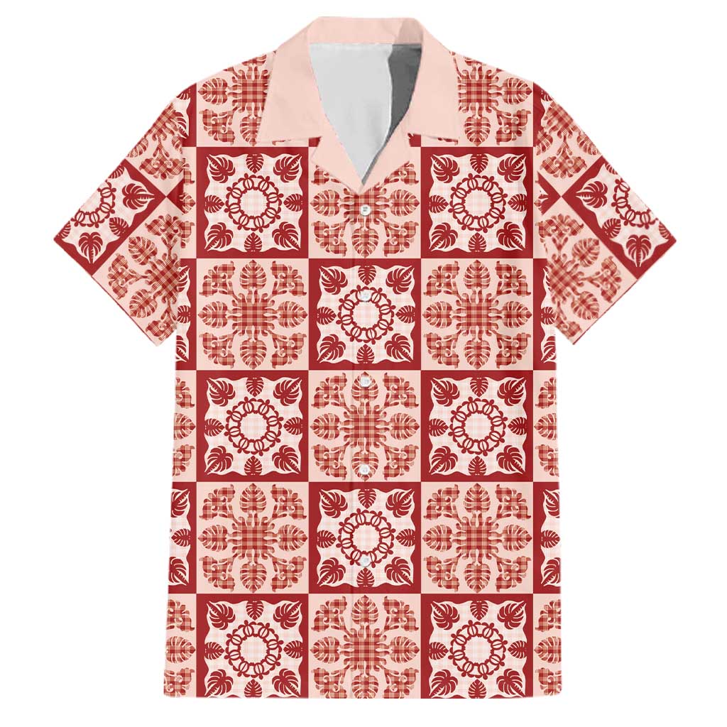 Ulaula Palaka Quilt Hawaii Family Matching Puletasi and Hawaiian Shirt Hawaiian Tropical Monstera Sea Turtle LT14 Dad's Shirt - Short Sleeve Red - Polynesian Pride