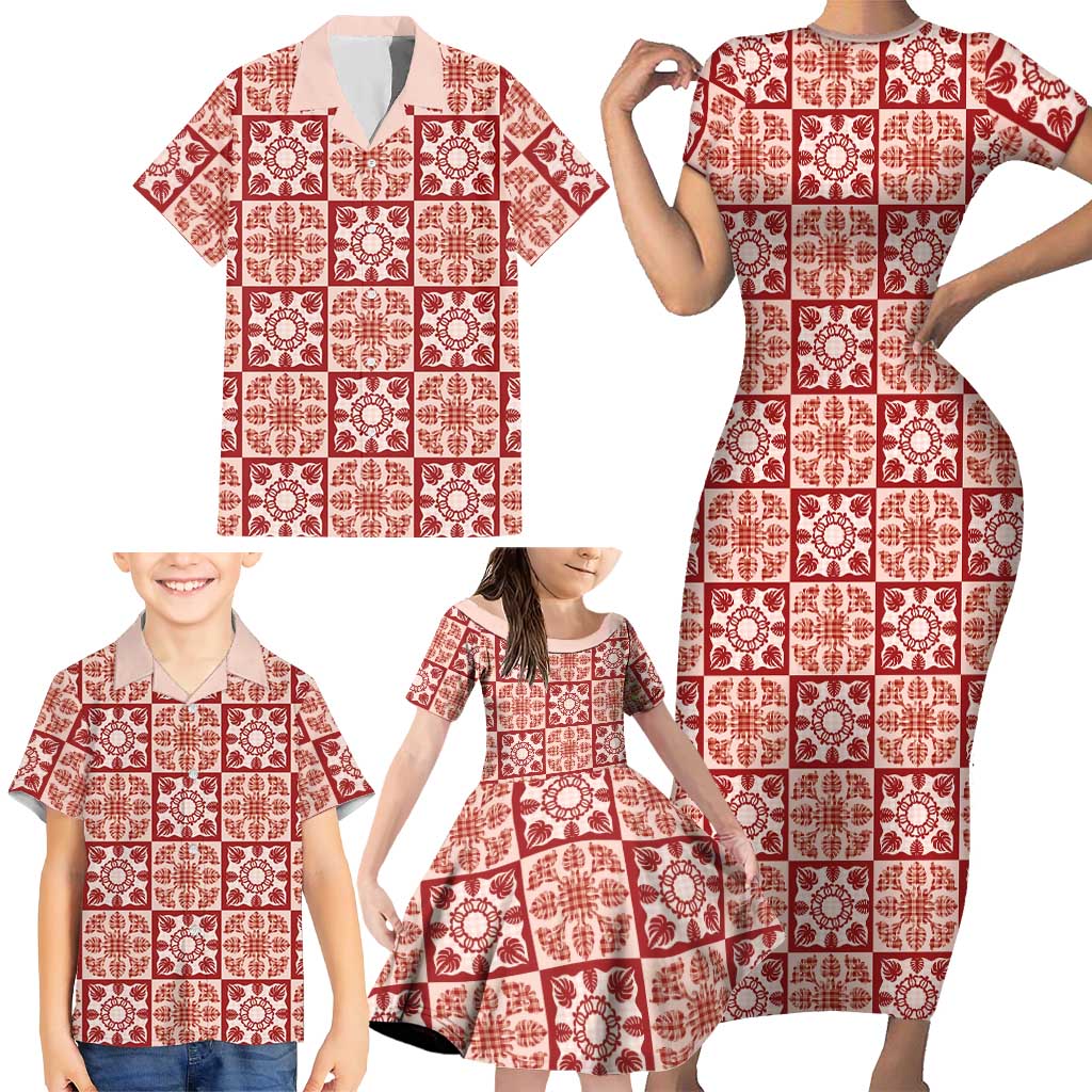 Ulaula Palaka Quilt Hawaii Family Matching Short Sleeve Bodycon Dress and Hawaiian Shirt Hawaiian Tropical Monstera Sea Turtle