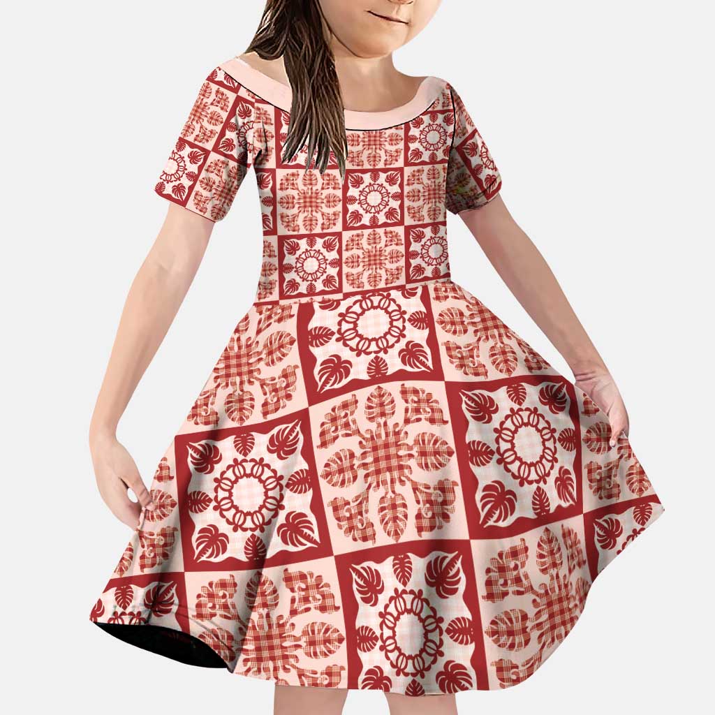 Ulaula Palaka Quilt Hawaii Family Matching Summer Maxi Dress and Hawaiian Shirt Hawaiian Tropical Monstera Sea Turtle LT14 Daughter's Dress Red - Polynesian Pride