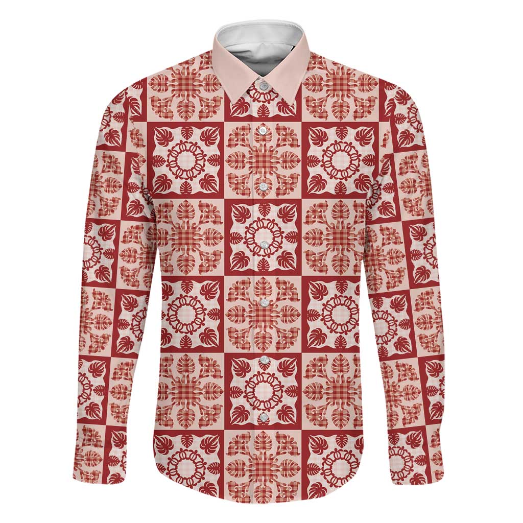 Ulaula Palaka Quilt Hawaii Family Matching Summer Maxi Dress and Hawaiian Shirt Hawaiian Tropical Monstera Sea Turtle LT14 Dad's Shirt - Long Sleeve Red - Polynesian Pride