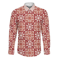 Ulaula Palaka Quilt Hawaii Family Matching Summer Maxi Dress and Hawaiian Shirt Hawaiian Tropical Monstera Sea Turtle LT14 Dad's Shirt - Long Sleeve Red - Polynesian Pride