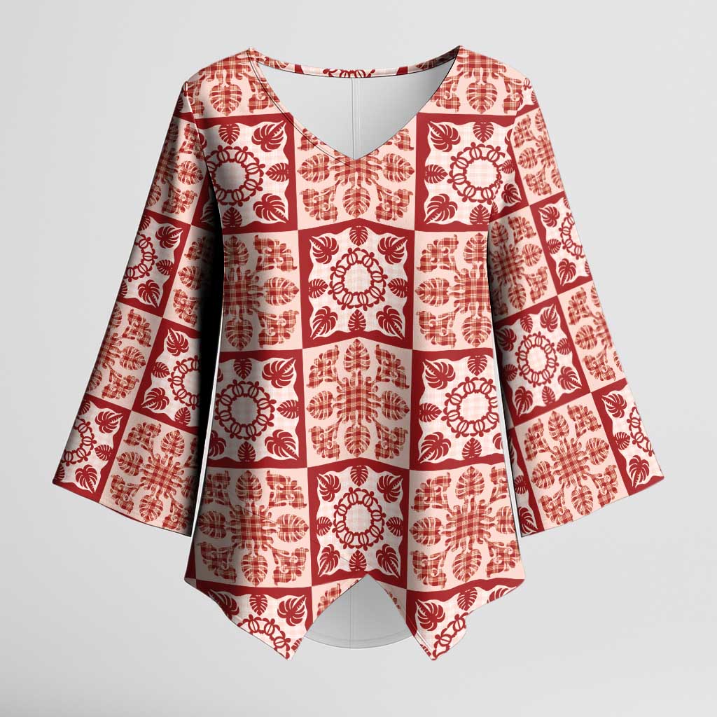 Ulaula Palaka Quilt Hawaii Kimono Sleeve Blouse Hawaiian Tropical Monstera Sea Turtle LT14 Female Red - Polynesian Pride